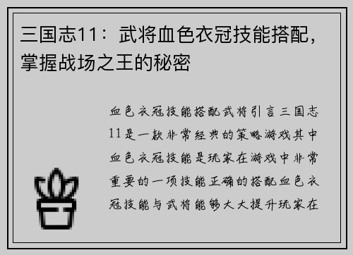 三国志11：武将血色衣冠技能搭配，掌握战场之王的秘密
