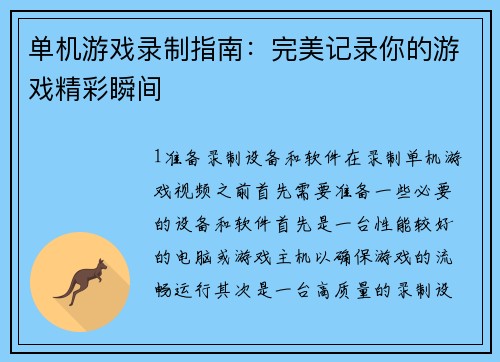 单机游戏录制指南：完美记录你的游戏精彩瞬间