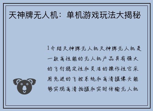 天神牌无人机：单机游戏玩法大揭秘